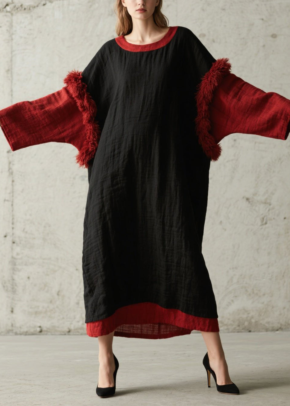 Bohemian Black Oversized Patchwork Faux Fur Maxi Dresses Fall