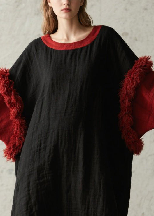 Bohemian Black Oversized Patchwork Faux Fur Maxi Dresses Fall