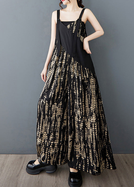 Bohemian Black Oversized Patchwork Print Cotton Jumpsuit Summer