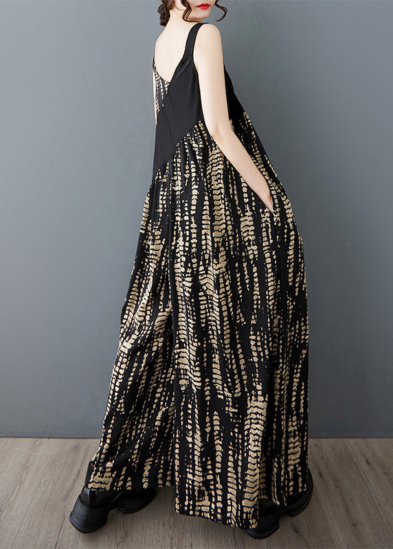 Bohemian Black Oversized Patchwork Print Cotton Jumpsuit Summer