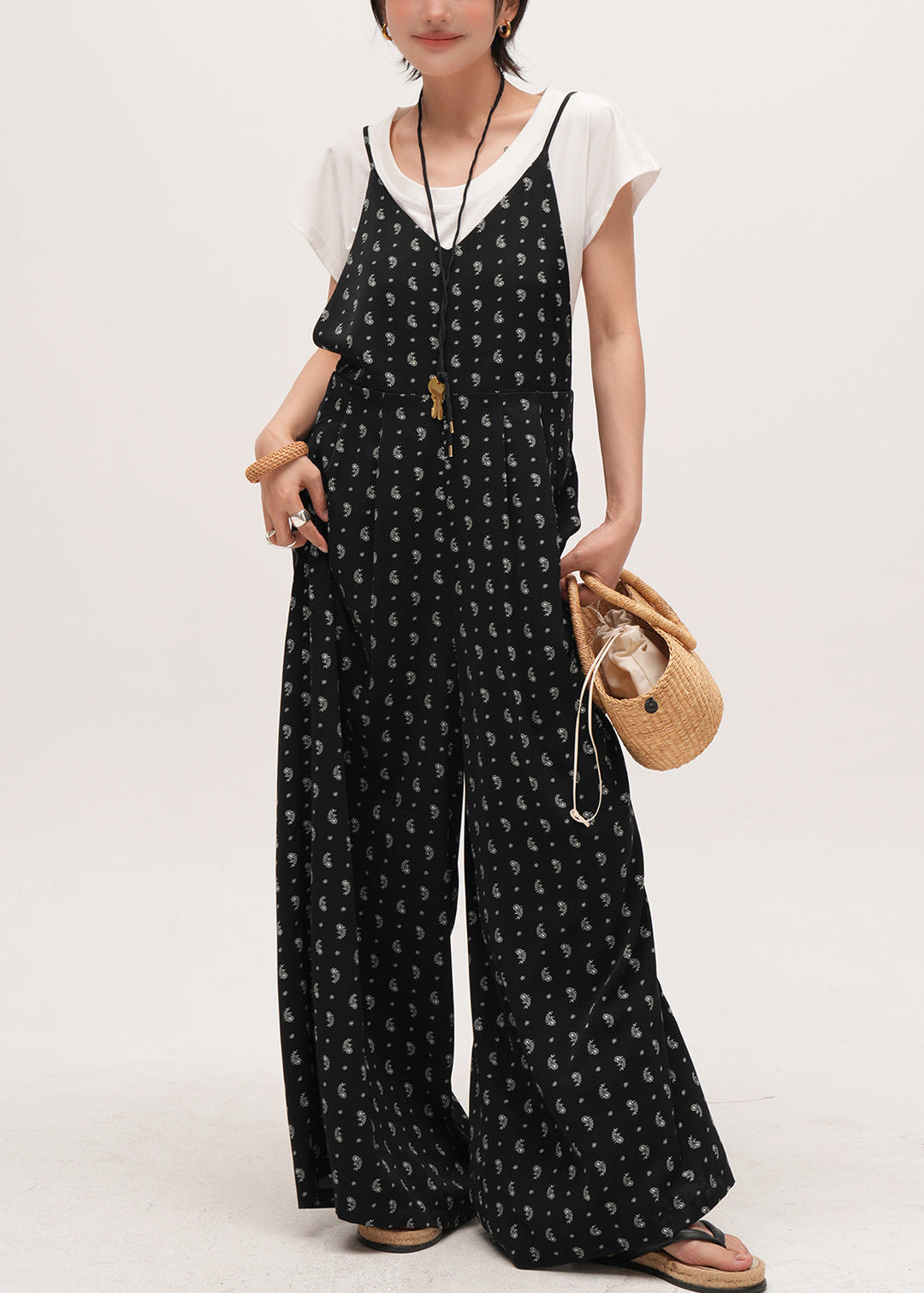 Bohemian Black Oversized Print Cotton Overalls Jumpsuit Summer