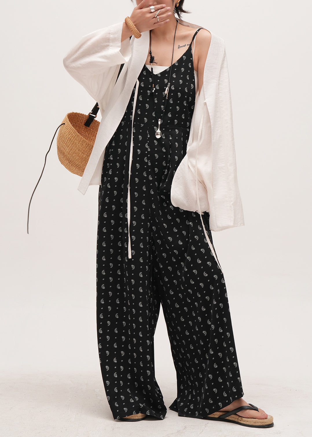 Bohemian Black Oversized Print Cotton Overalls Jumpsuit Summer