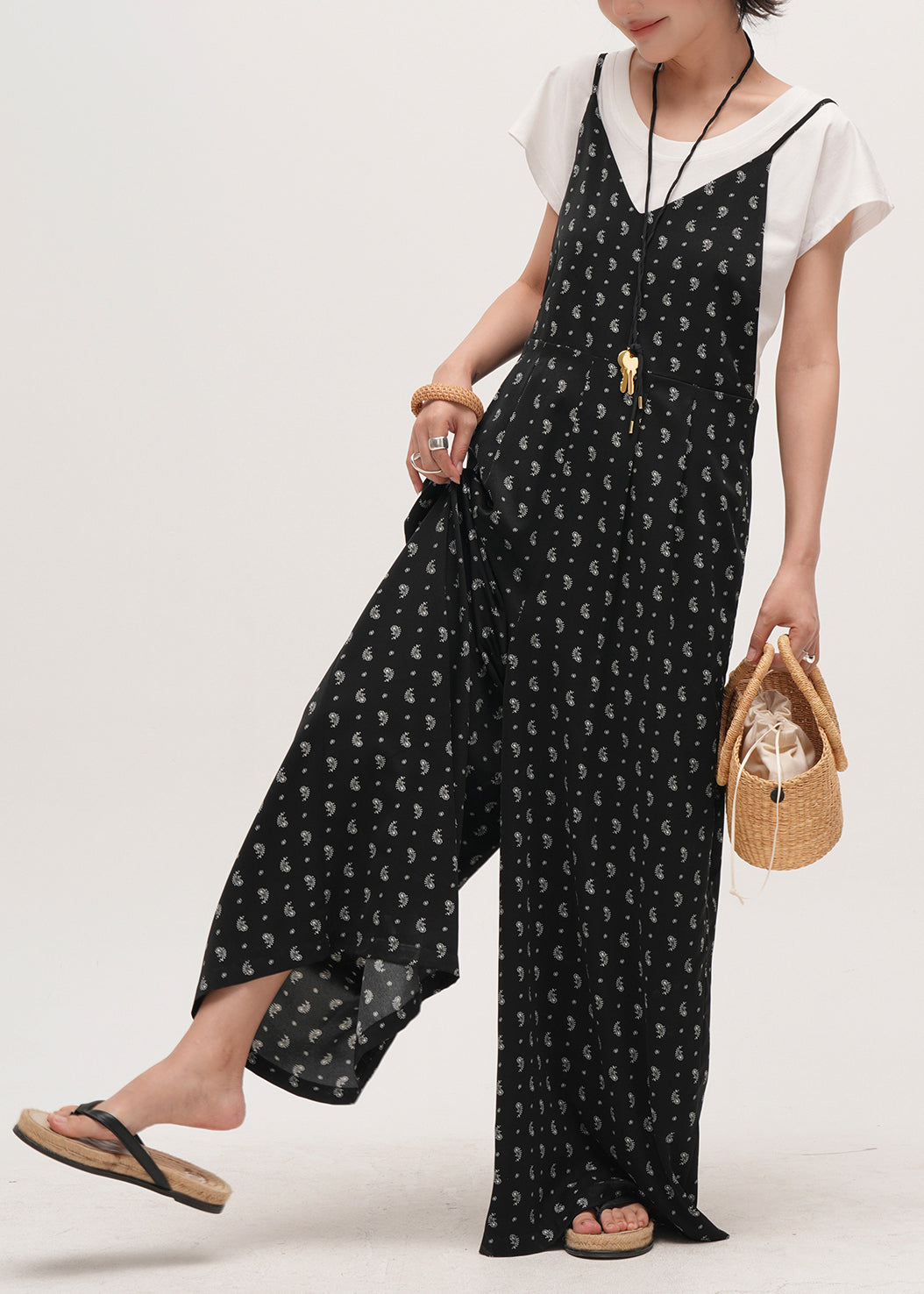Bohemian Black Oversized Print Cotton Overalls Jumpsuit Summer