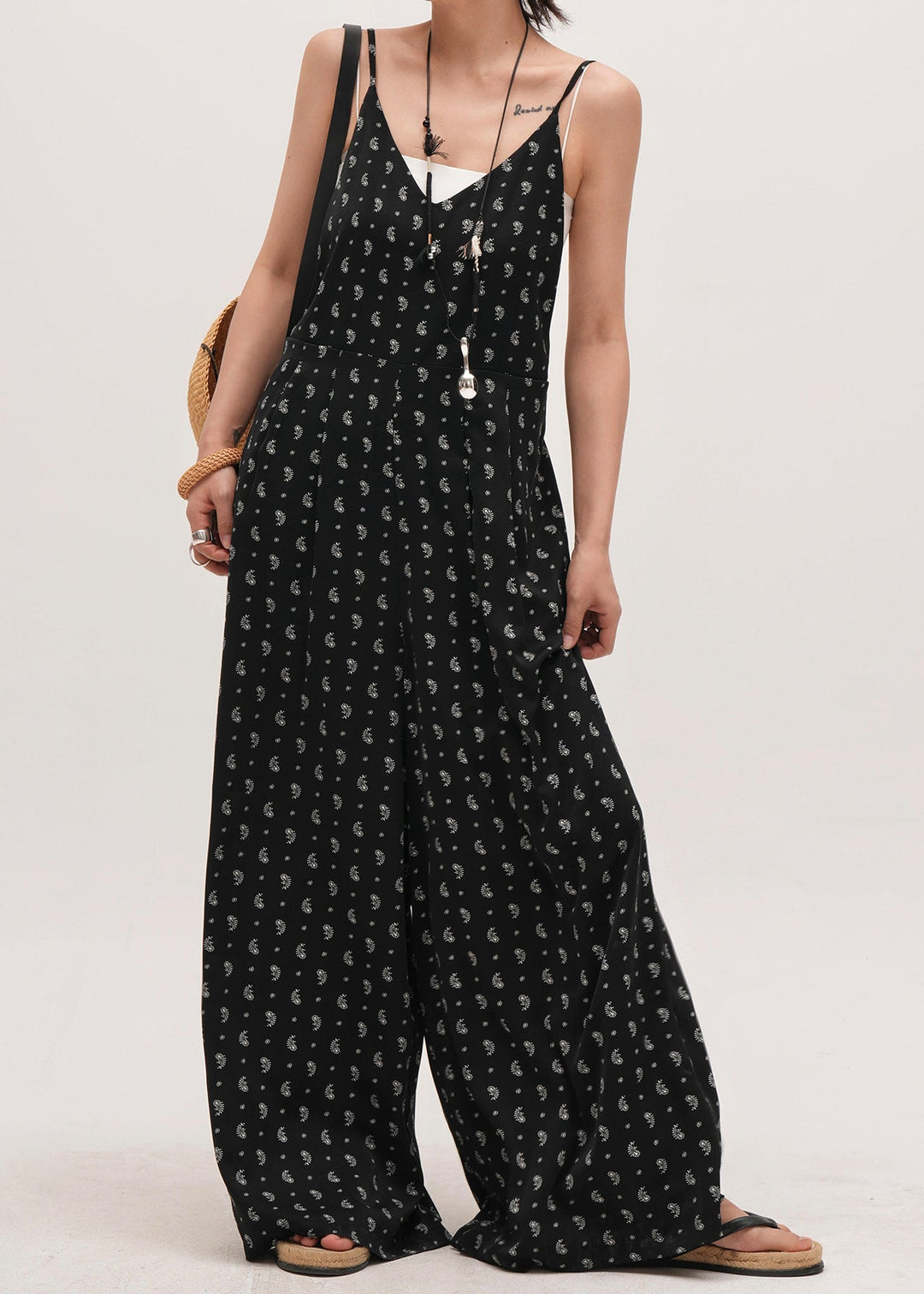 Bohemian Black Oversized Print Cotton Overalls Jumpsuit Summer