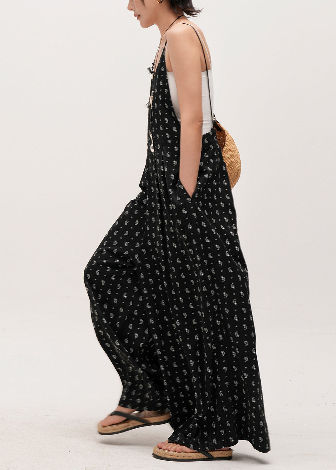 Bohemian Black Oversized Print Cotton Overalls Jumpsuit Summer