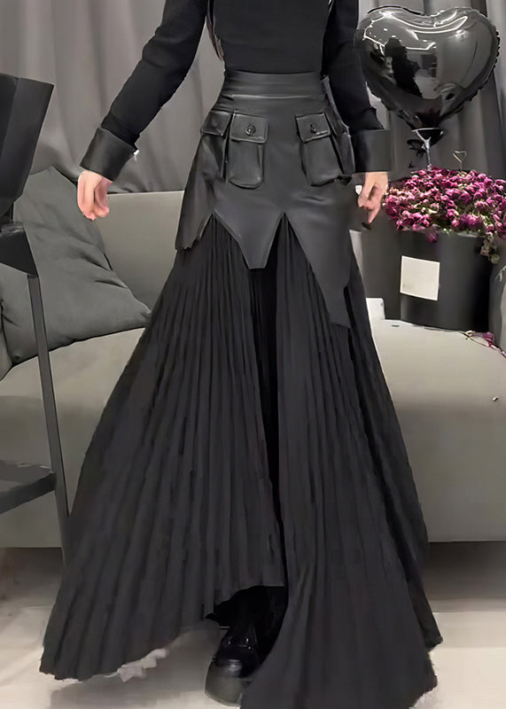 Bohemian Black PU Patchwork Wrinkled A Line Skirt Summer