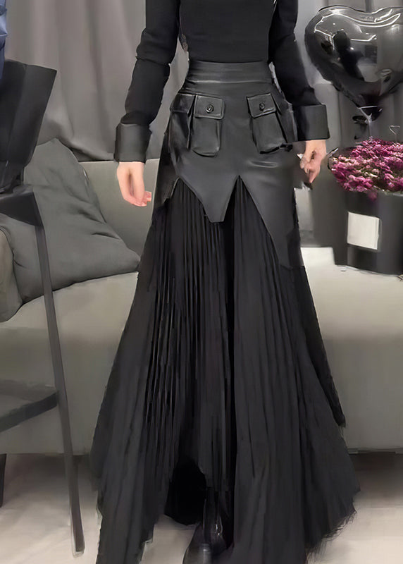 Bohemian Black PU Patchwork Wrinkled A Line Skirt Summer