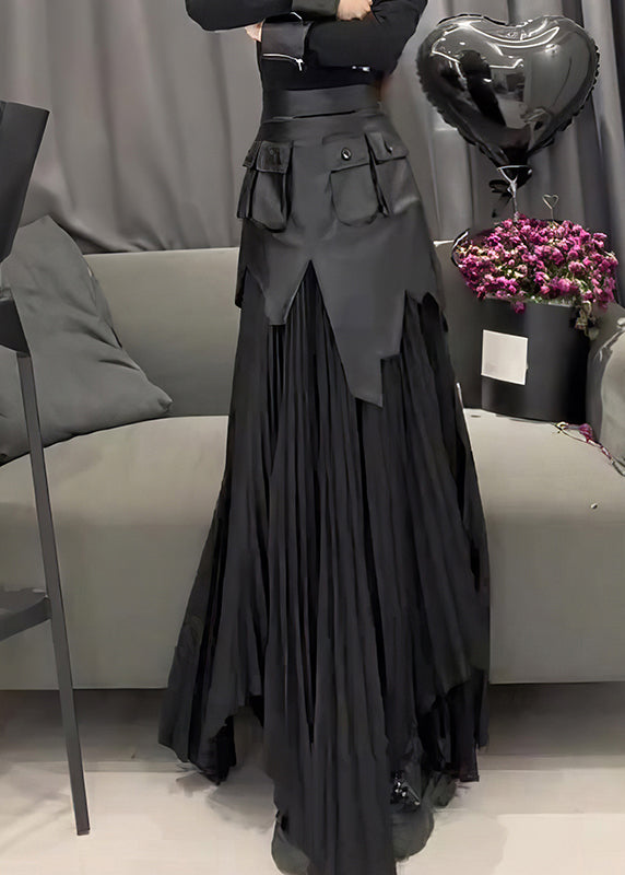 Bohemian Black PU Patchwork Wrinkled A Line Skirt Summer