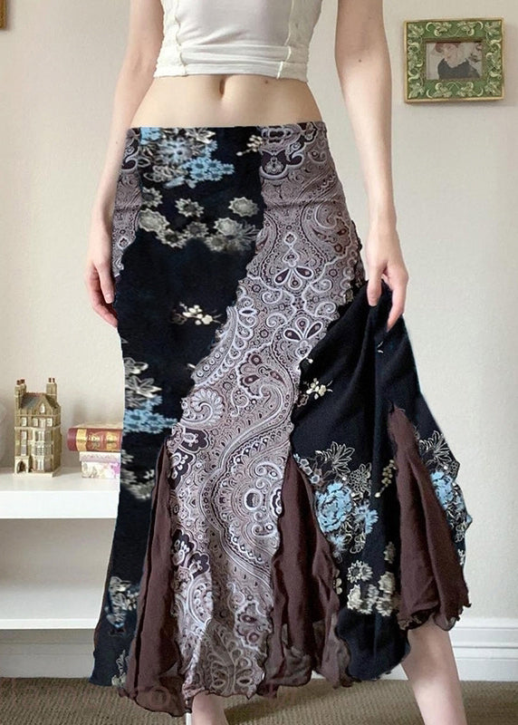 Bohemian Black Print Patchwork Cotton Skirts Summer