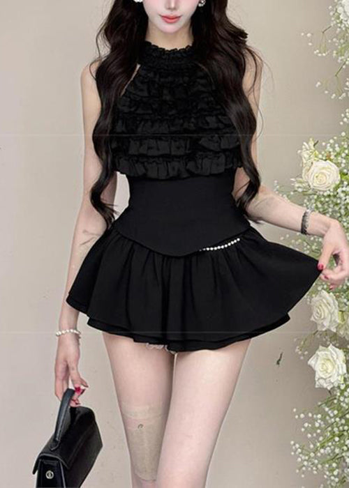 Bohemian Black Ruffled Tops And Skirts Cotton Two Pieces Set Sleeveless