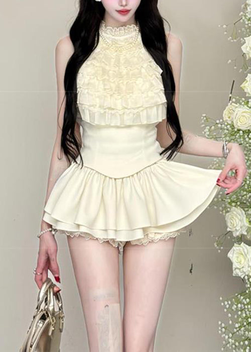 Bohemian Black Ruffled Tops And Skirts Cotton Two Pieces Set Sleeveless