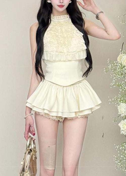 Bohemian Black Ruffled Tops And Skirts Cotton Two Pieces Set Sleeveless