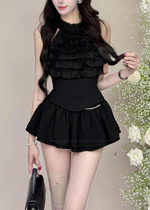 Bohemian Black Ruffled Tops And Skirts Cotton Two Pieces Set Sleeveless