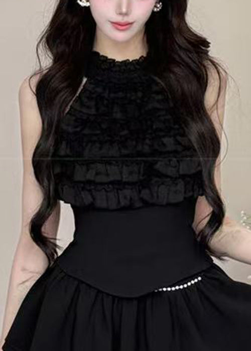 Bohemian Black Ruffled Tops And Skirts Cotton Two Pieces Set Sleeveless