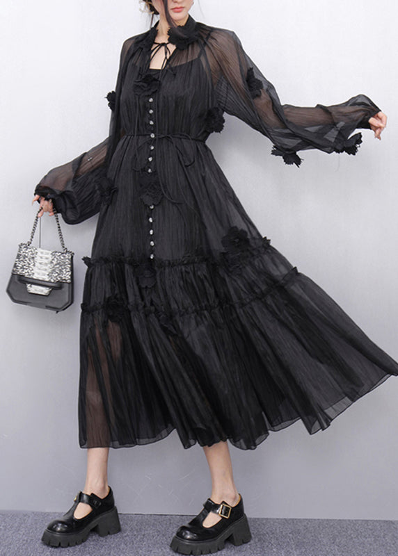Bohemian Black Stand Collar Ruffled Chiffon Long Dresses Fall