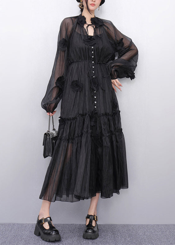 Bohemian Black Stand Collar Ruffled Chiffon Long Dresses Fall