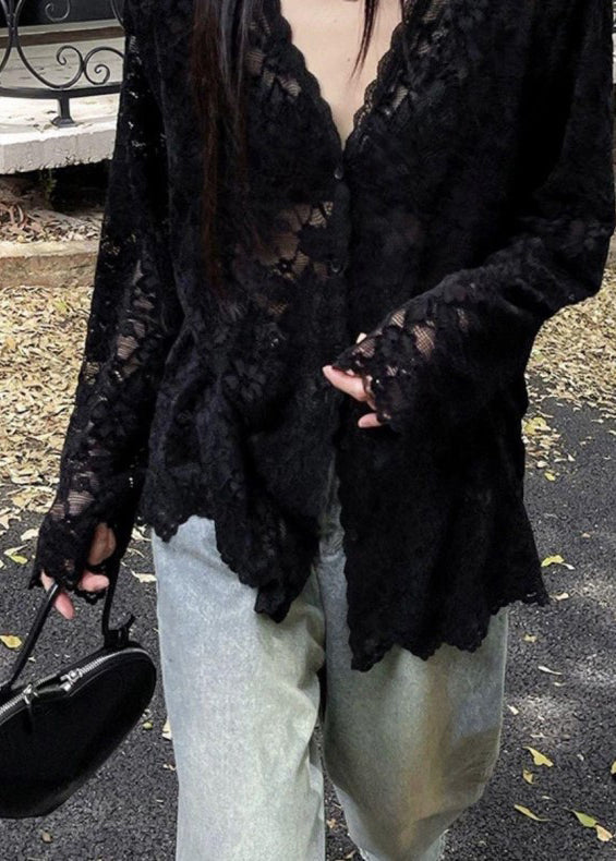Bohemian Black V Neck Hollow Out Lace Shirt Spring