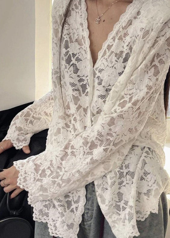 Bohemian Black V Neck Hollow Out Lace Shirt Spring