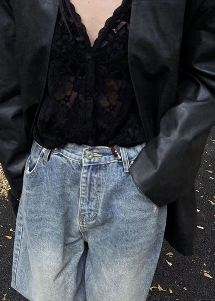 Bohemian Black V Neck Hollow Out Lace Shirt Spring