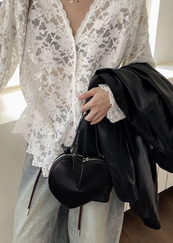 Bohemian Black V Neck Hollow Out Lace Shirt Spring