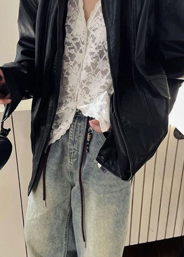 Bohemian Black V Neck Hollow Out Lace Shirt Spring