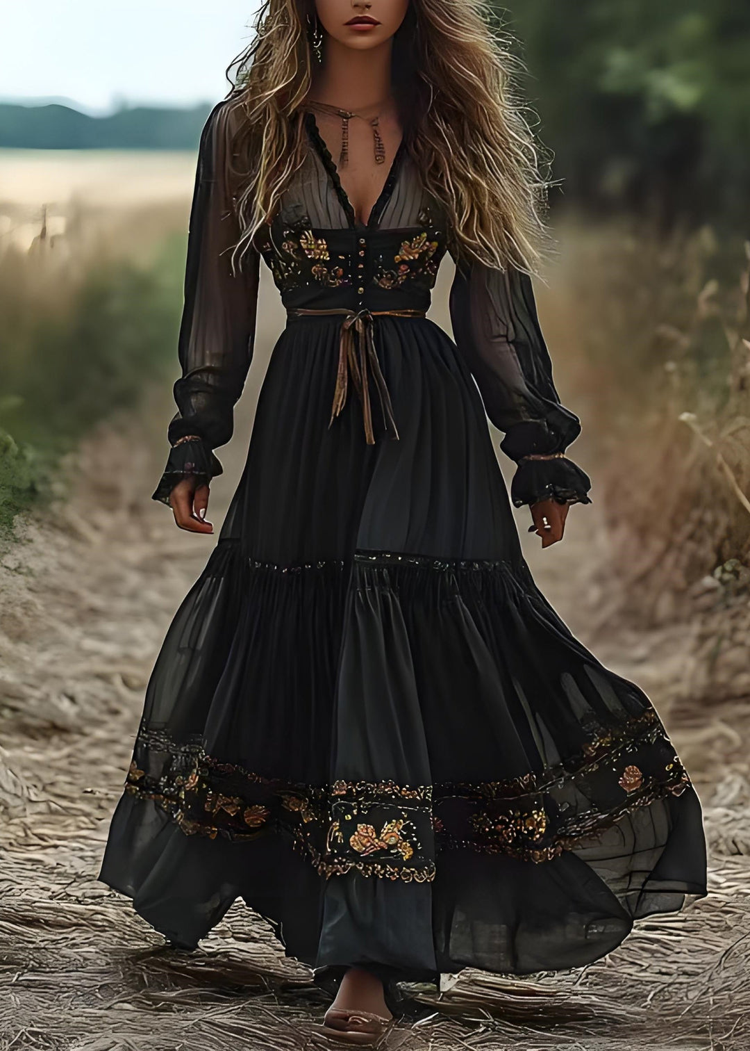 Bohemian Blackish Green V Neck Wrinkled Patchwork Cotton Long Dress Spring