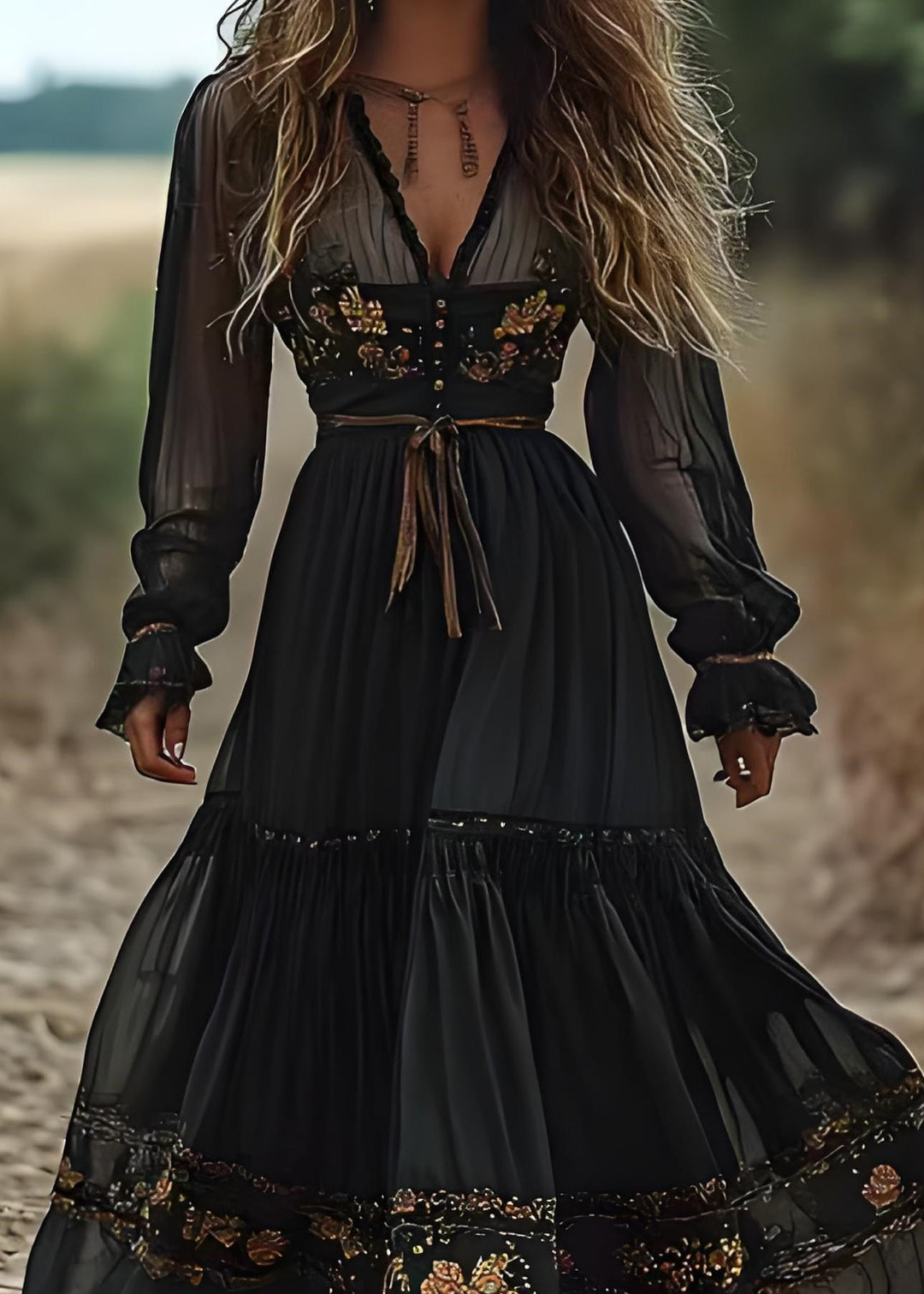 Bohemian Blackish Green V Neck Wrinkled Patchwork Cotton Long Dress Spring