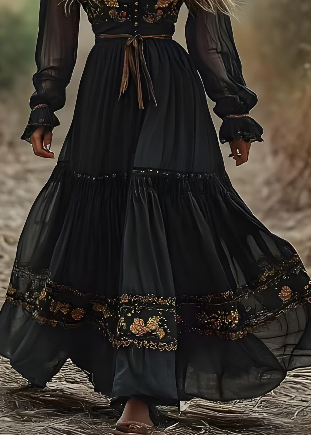 Bohemian Blackish Green V Neck Wrinkled Patchwork Cotton Long Dress Spring