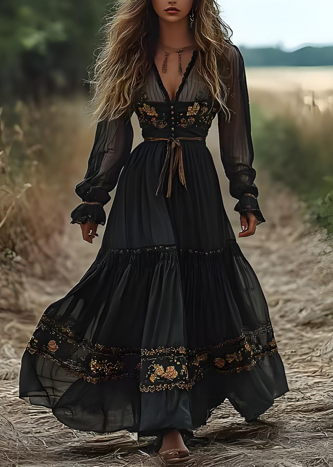 Bohemian Blackish Green V Neck Wrinkled Patchwork Cotton Long Dress Spring