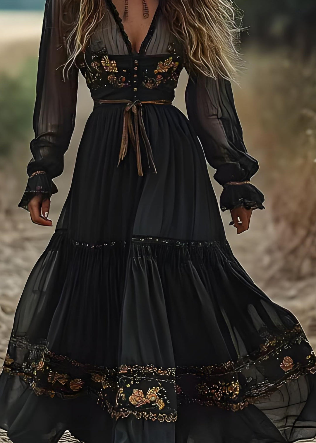 Bohemian Blackish Green V Neck Wrinkled Patchwork Cotton Long Dress Spring