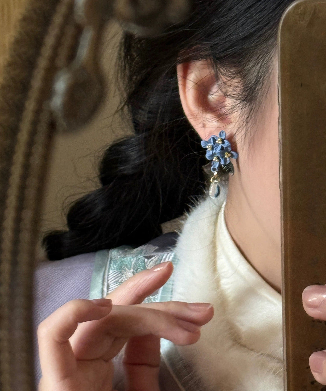 Bohemian Blue Alloy Floral Leaf Water Drop Tasse Drop Earrings