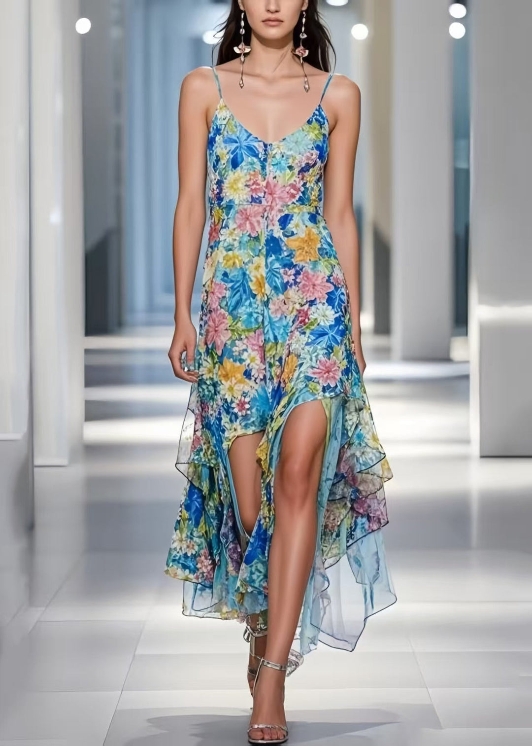 Bohemian Blue Asymmetrical Floral Print Cami Dress Summer