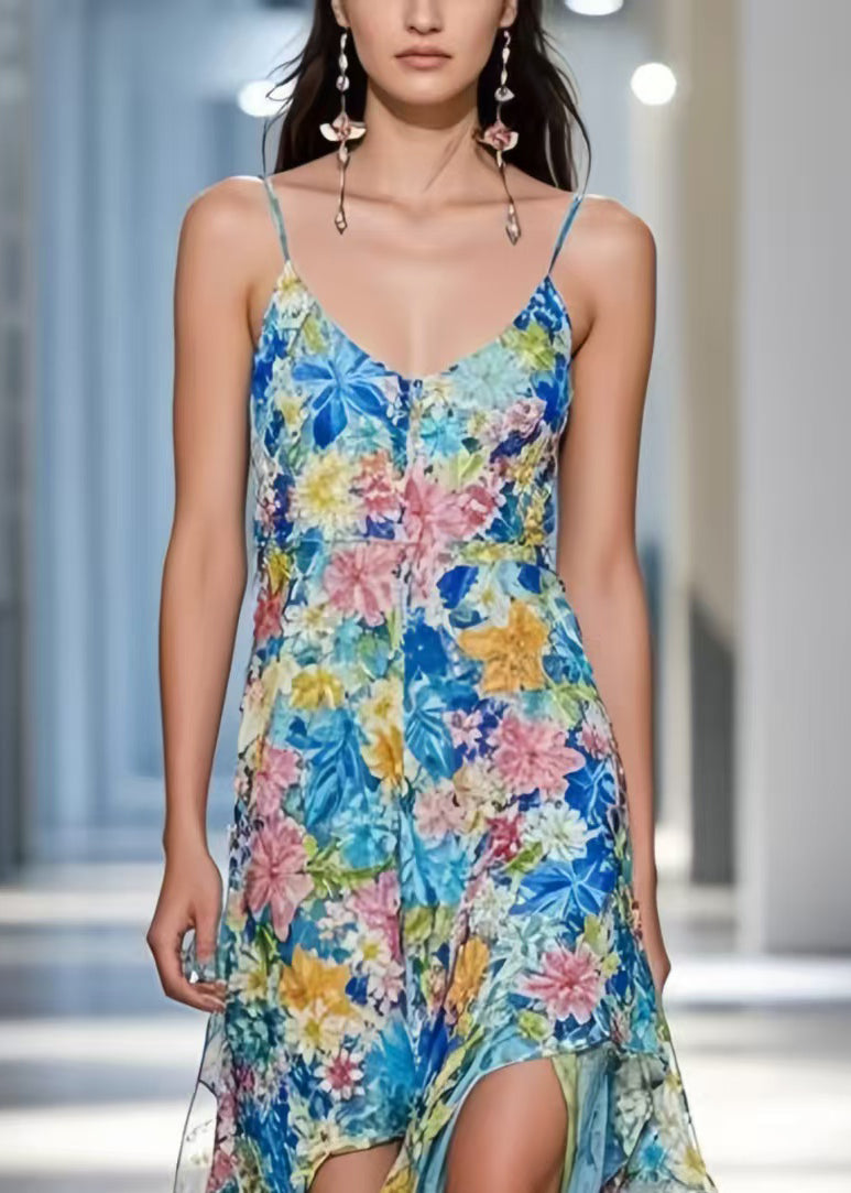 Bohemian Blue Asymmetrical Floral Print Cami Dress Summer