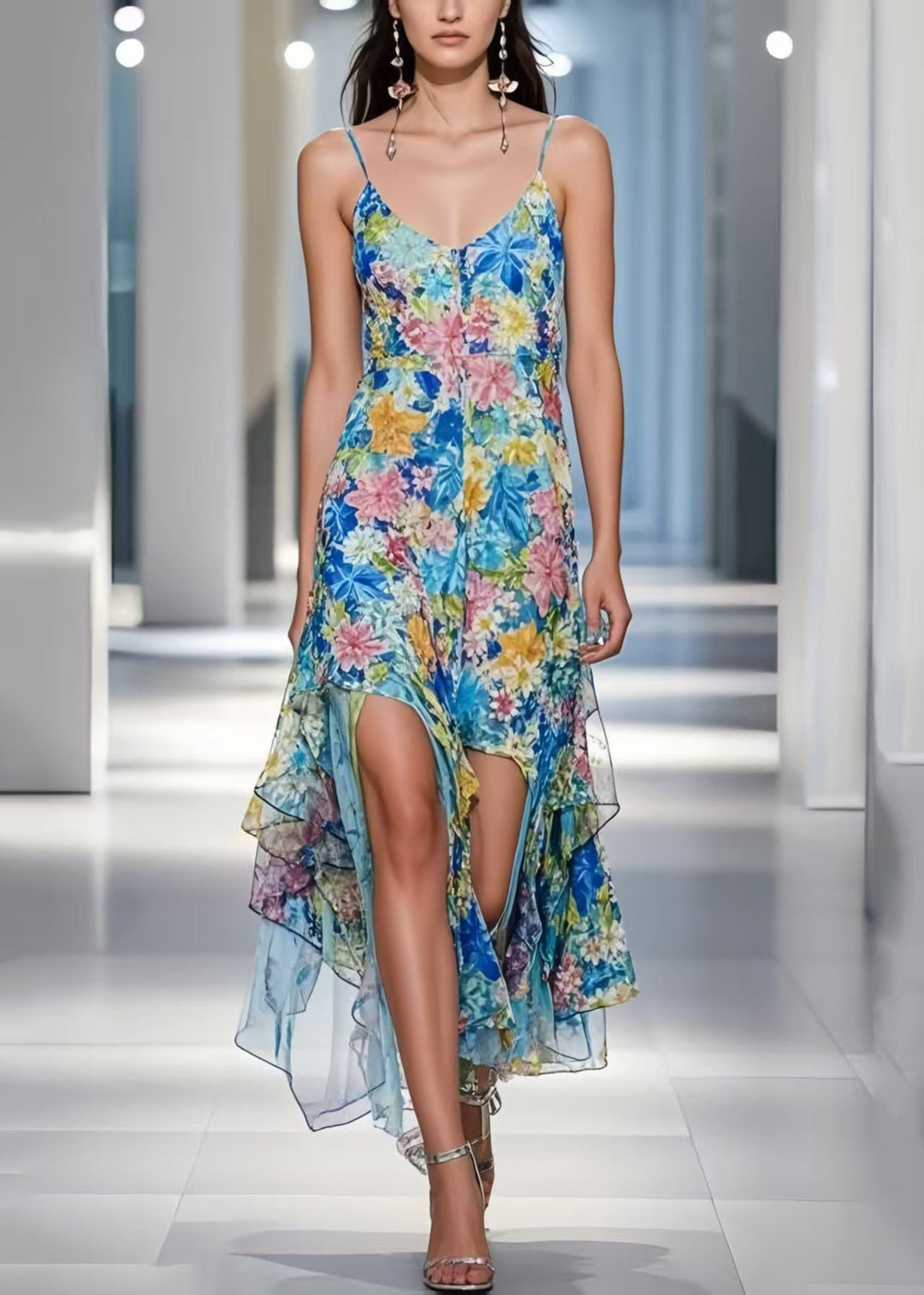 Bohemian Blue Asymmetrical Floral Print Cami Dress Summer
