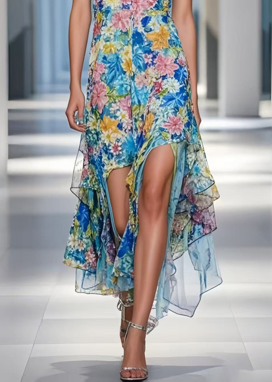 Bohemian Blue Asymmetrical Floral Print Cami Dress Summer