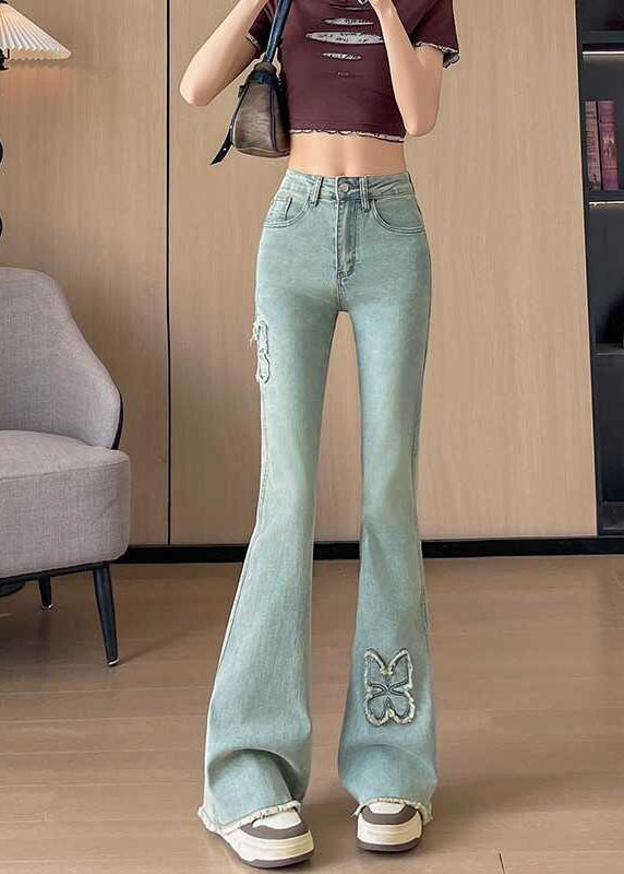 Bohemian Blue Butterfly Decorated  Denim Flare Bottoms Fall