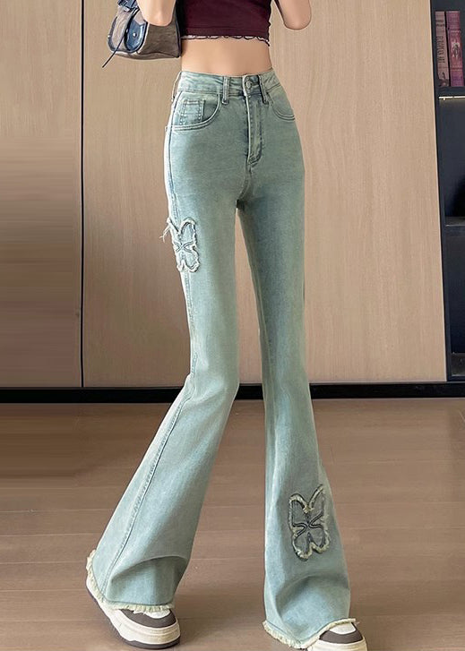Bohemian Blue Butterfly Decorated  Denim Flare Bottoms Fall