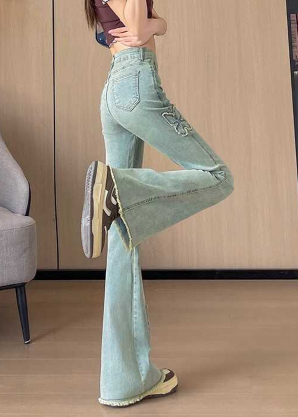 Bohemian Blue Butterfly Decorated  Denim Flare Bottoms Fall