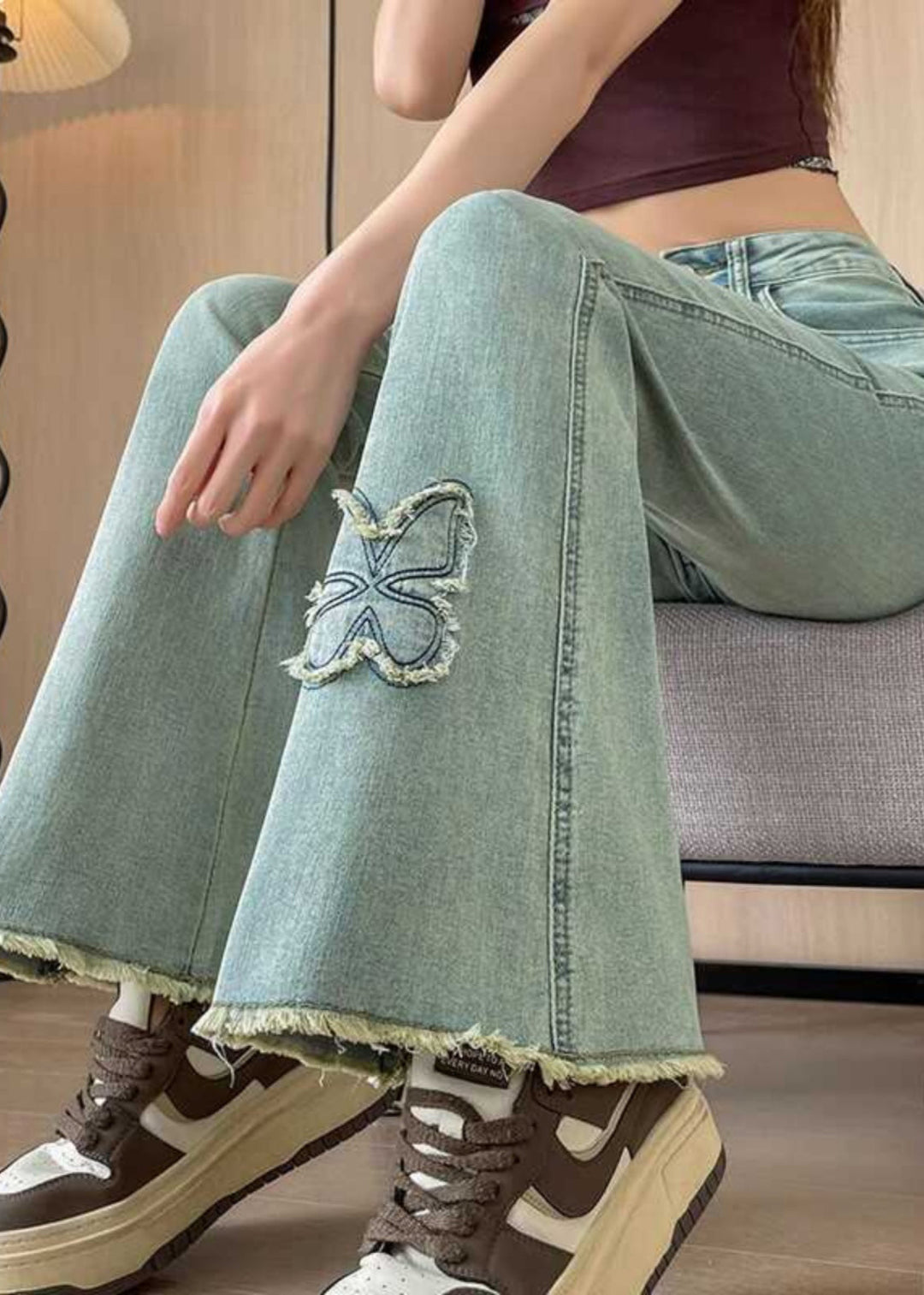 Bohemian Blue Butterfly Decorated  Denim Flare Bottoms Fall
