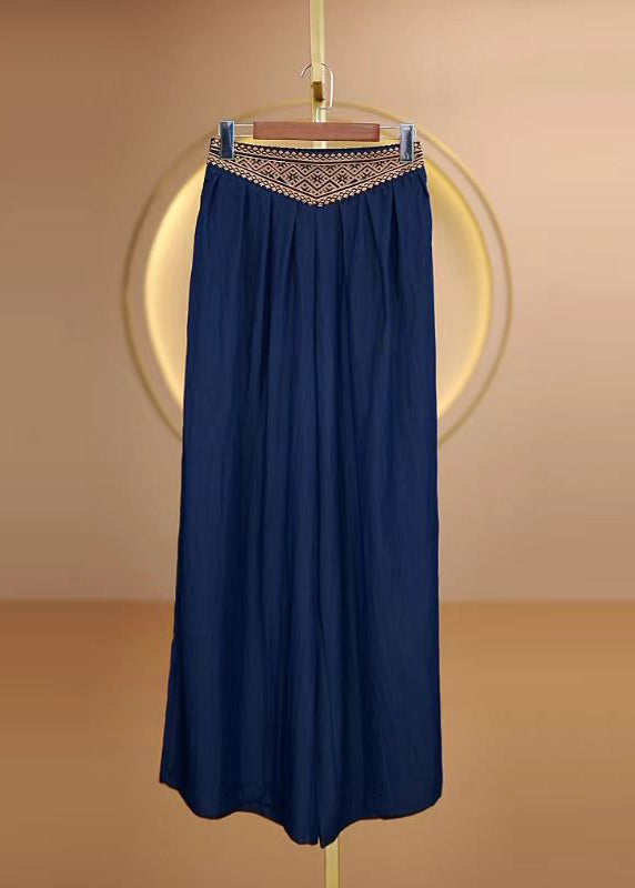 Bohemian Blue Embroidered Elastic Waist Cotton Pants Fall