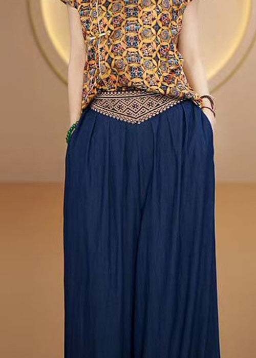 Bohemian Blue Embroidered Elastic Waist Cotton Pants Fall