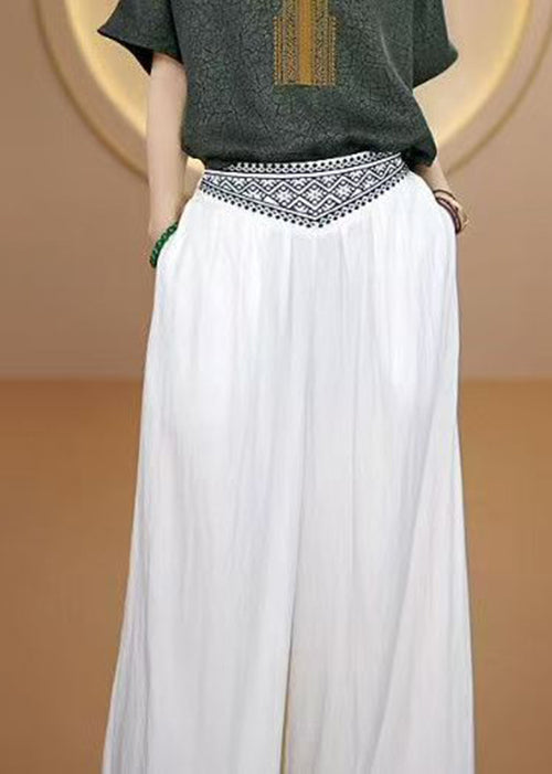 Bohemian Blue Embroidered Elastic Waist Cotton Pants Fall