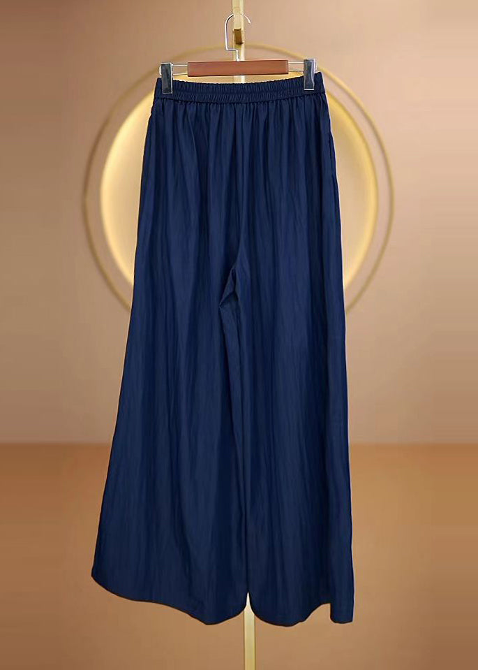 Bohemian Blue Embroidered Elastic Waist Cotton Pants Fall