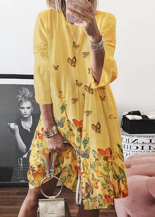 Bohemian Blue O Neck Butterfly Print Cotton Mid Dress Summer