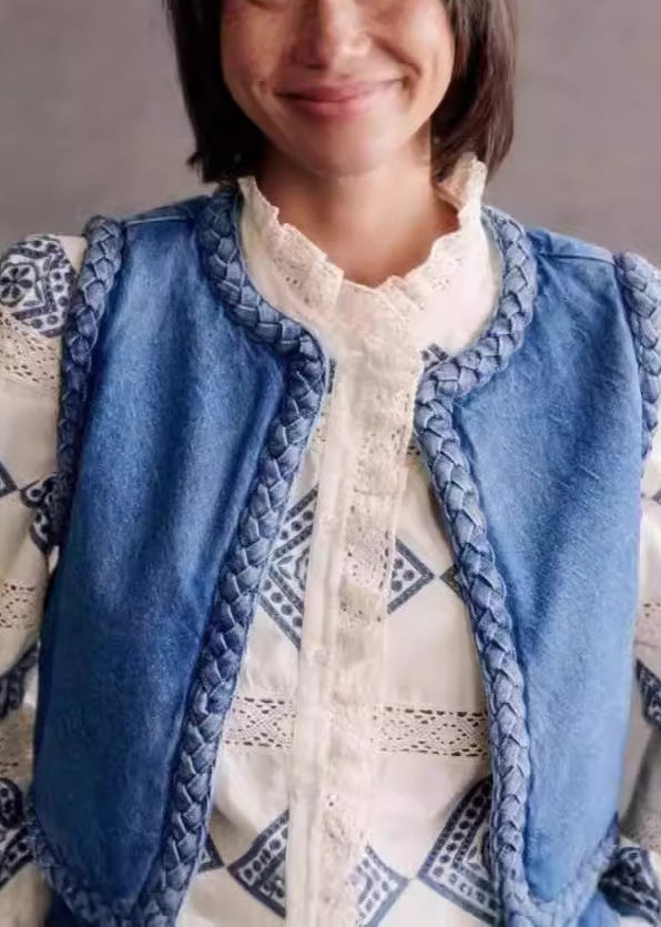 Bohemian Blue O Neck Fine Cotton Filled Denim Vest Sleeveless