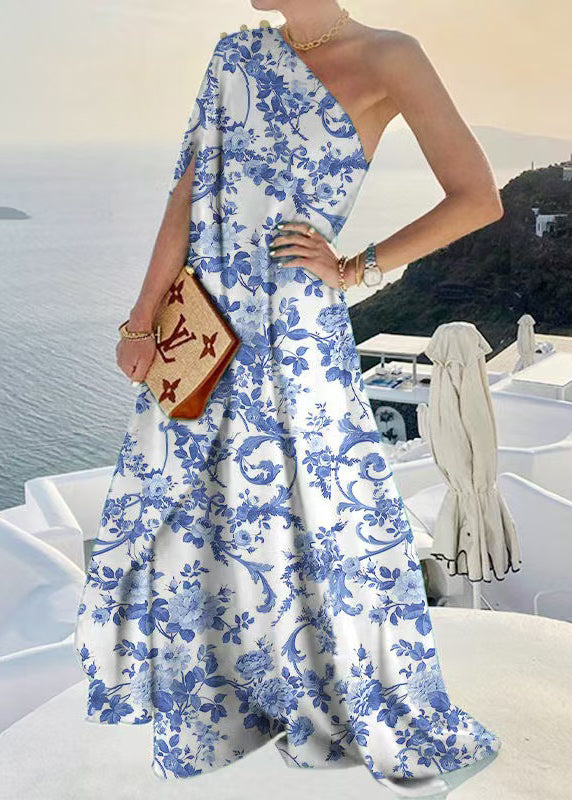 Bohemian Blue One Shoulder Asymmetrical Design Vestidos Dress