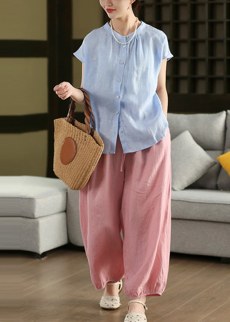 Bohemian Blue Oversized Linen Blouse Tops Summer