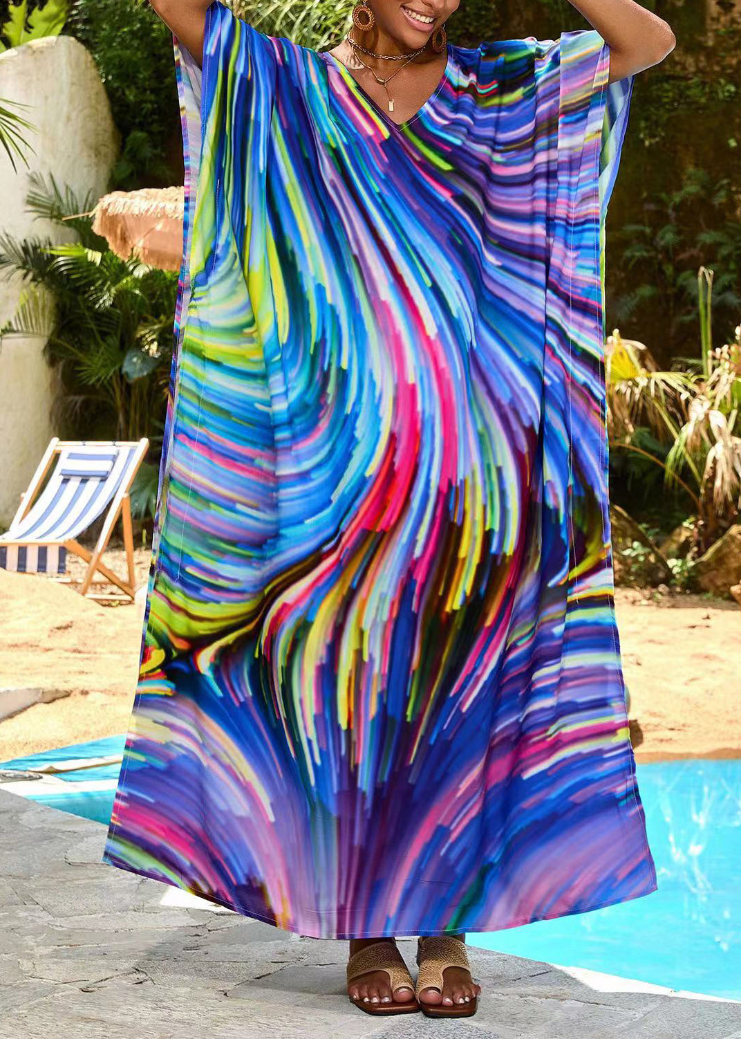 Bohemian Blue Oversized Print Chiffon Robe Dresses Summer