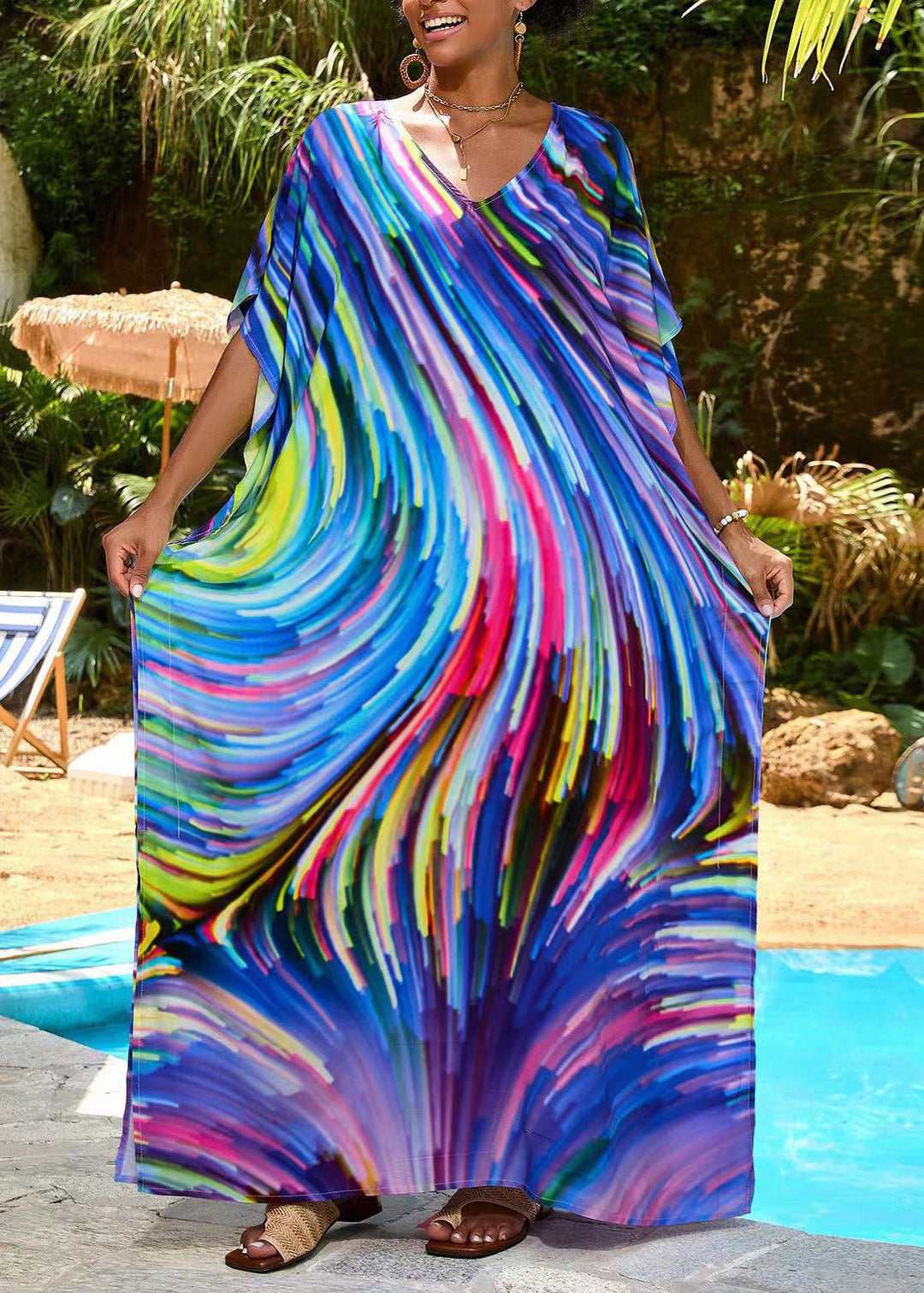 Bohemian Blue Oversized Print Chiffon Robe Dresses Summer