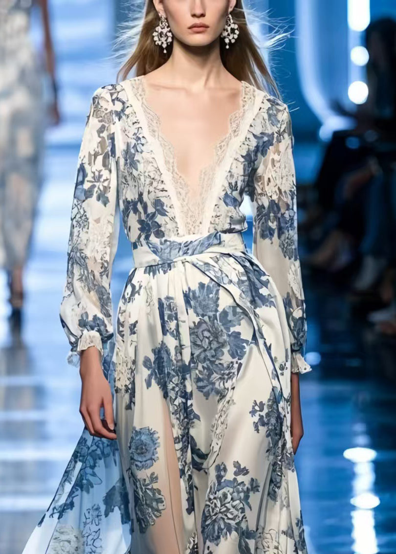 Bohemian Blue Print Draping Silk Vacation Dresses Summer